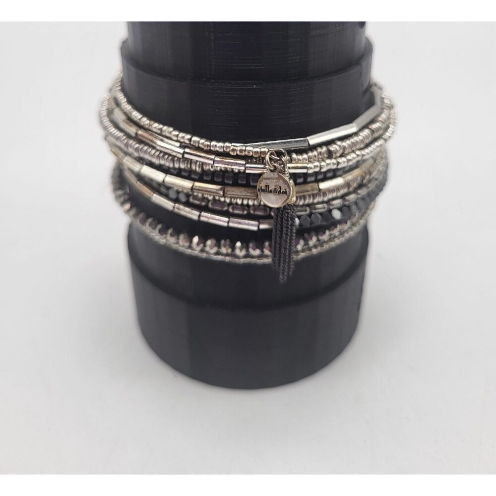 Stella & Dot Celine Silver Beaded Coil Wrap Bracelet Bling with Tassels Hematite